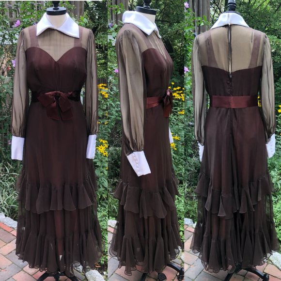 Vtg 60s/70s Wednesday Addams Goth Prairie Tiered Ruffle Contrast Trim Maxi Dress - Picture 8 of 17